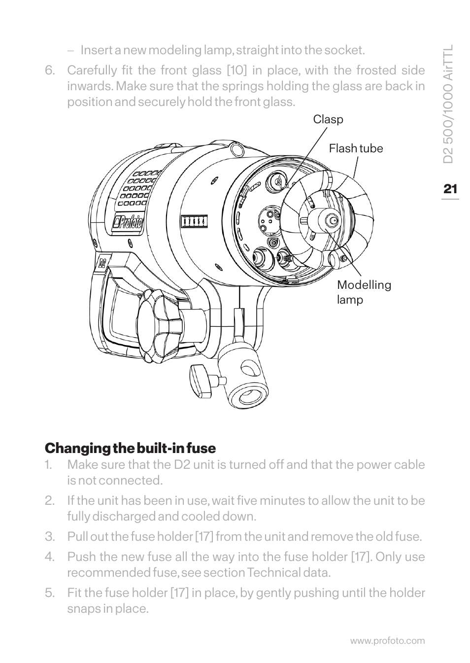 Changing the built-in fuse | Profoto D2 500Ws AirTTL Monolight User Manual | Page 21 / 28