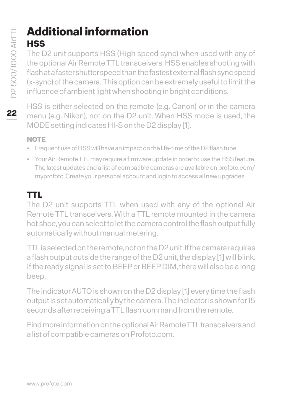 Additional information, Hss ttl | Profoto D2 500Ws AirTTL Monolight User Manual | Page 22 / 28