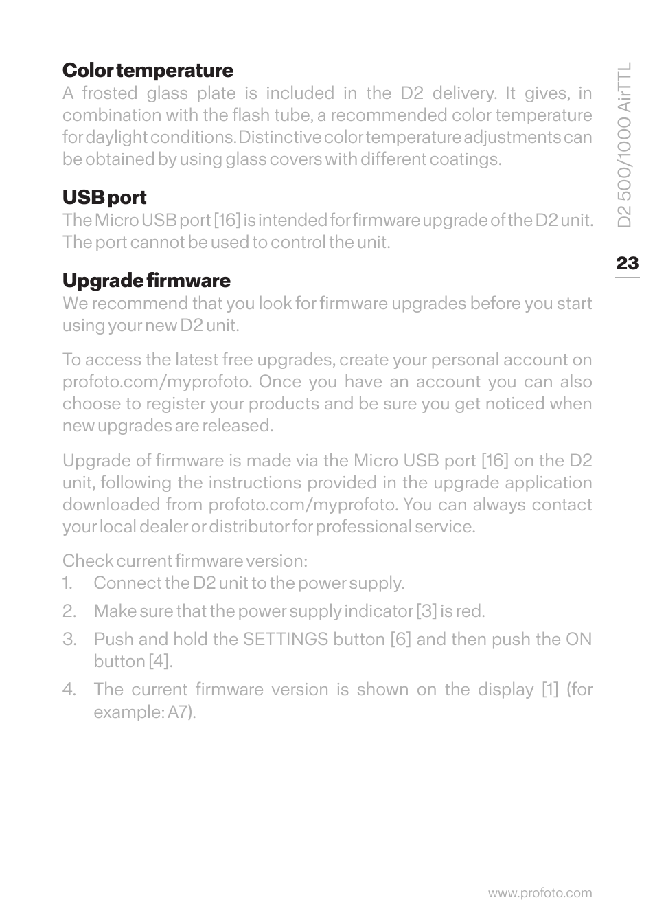 Color temperature, Usb port, Upgrade firmware | Color temperature usb port upgrade firmware | Profoto D2 500Ws AirTTL Monolight User Manual | Page 23 / 28