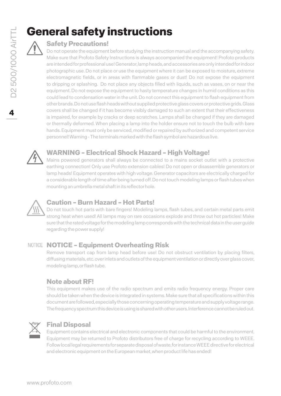 General safety instructions | Profoto D2 500Ws AirTTL Monolight User Manual | Page 4 / 28