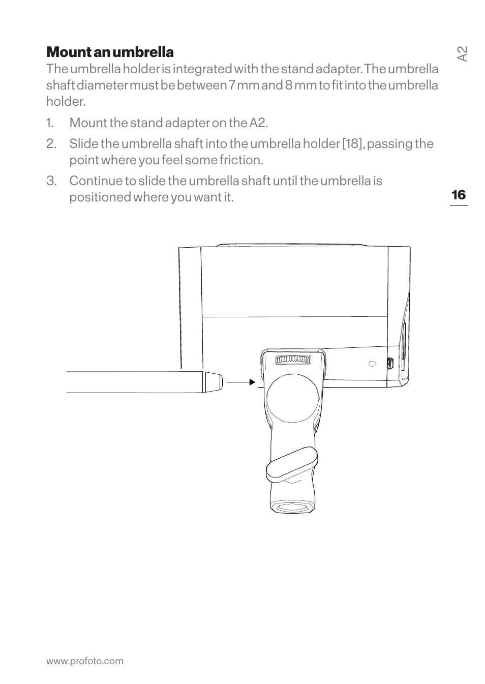Mount an umbrella | Profoto A2 Monolight User Manual | Page 16 / 30
