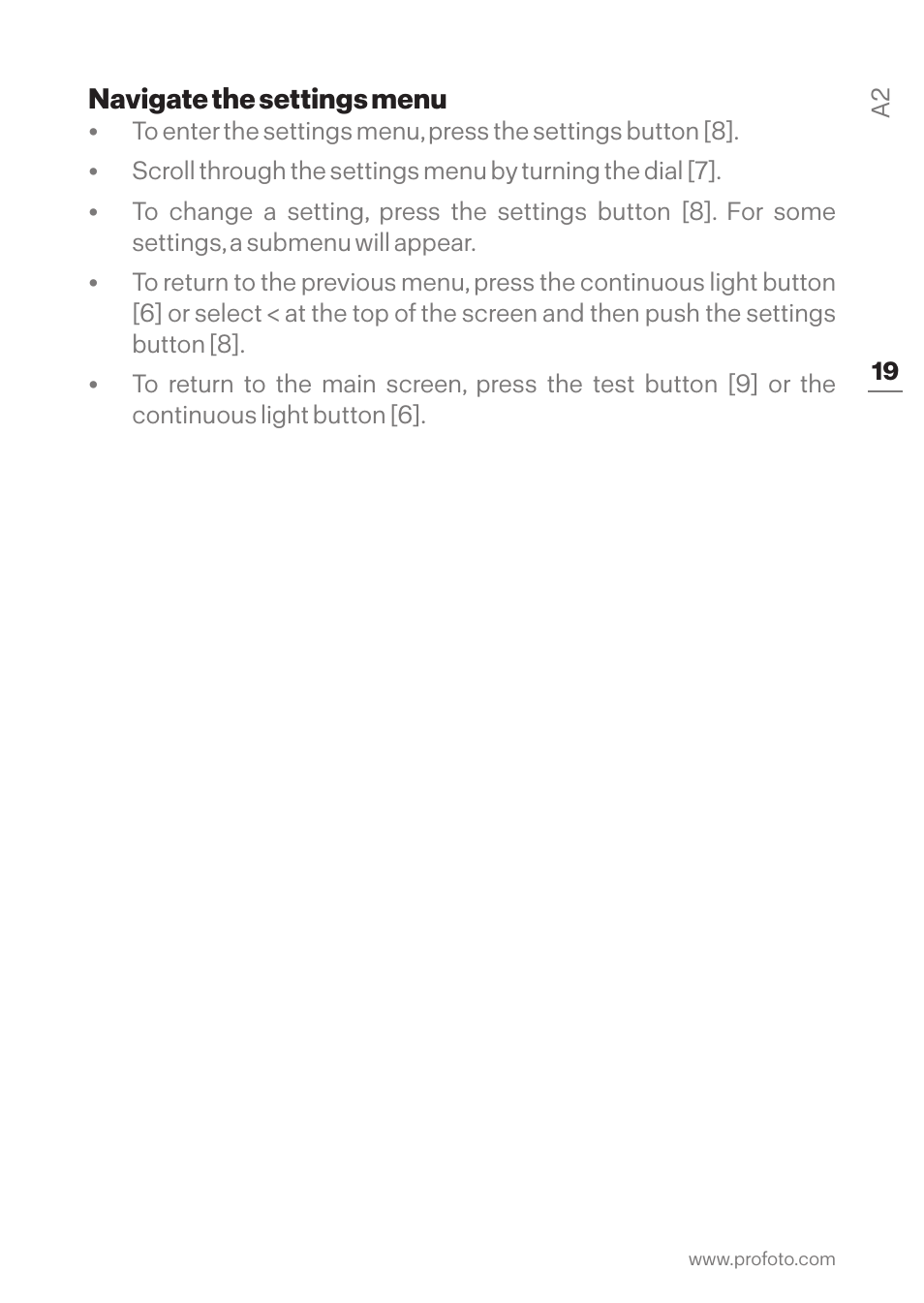 Navigate the settings menu | Profoto A2 Monolight User Manual | Page 19 / 30