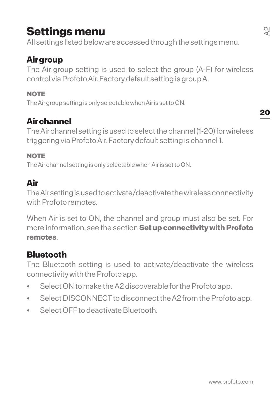 Settings menu, Air group air channel air bluetooth | Profoto A2 Monolight User Manual | Page 20 / 30