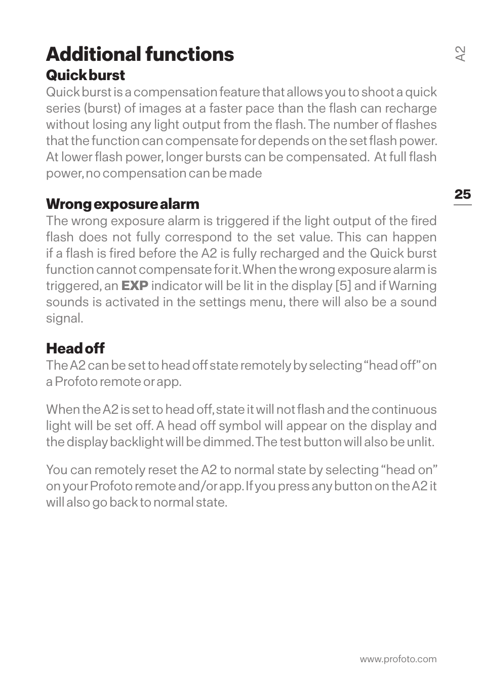 Additional functions, Quick burst wrong exposure alarm head off | Profoto A2 Monolight User Manual | Page 25 / 30