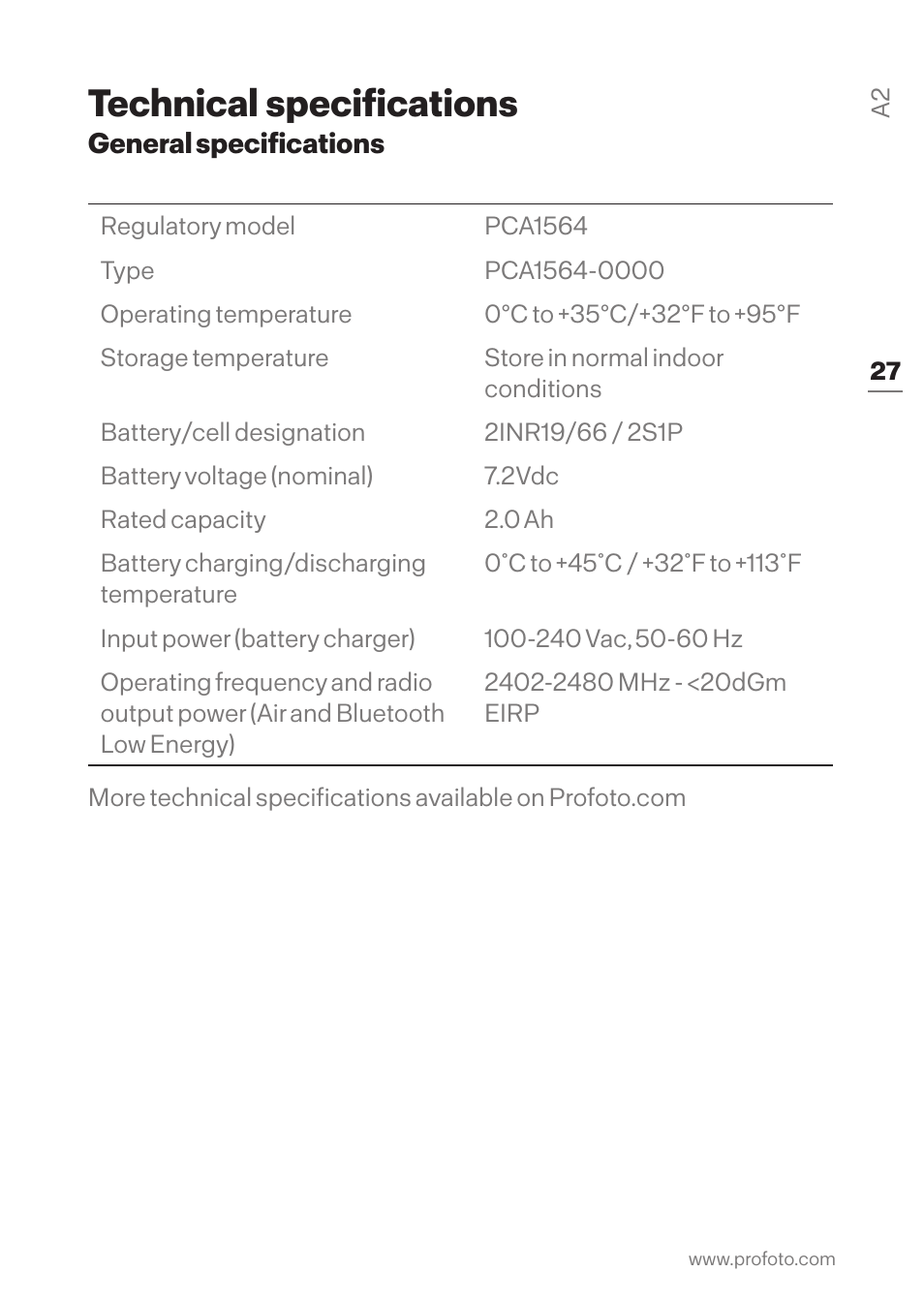 Technical specifications, General specifications | Profoto A2 Monolight User Manual | Page 27 / 30