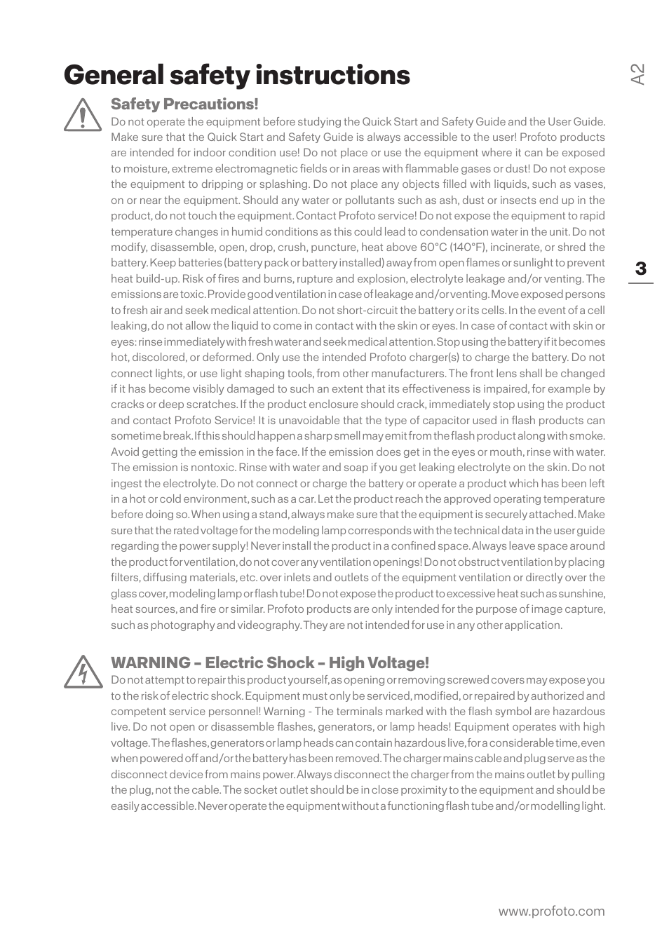 General safety instructions | Profoto A2 Monolight User Manual | Page 3 / 30