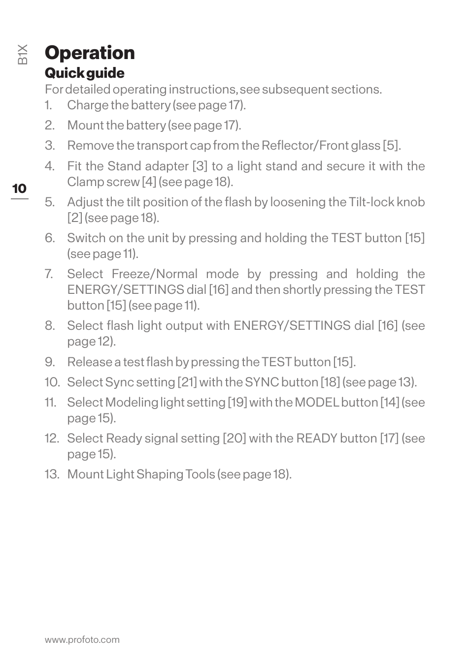 Operation, Quick guide | Profoto B1X 500 AirTTL 1-Light To-Go Kit User Manual | Page 10 / 28