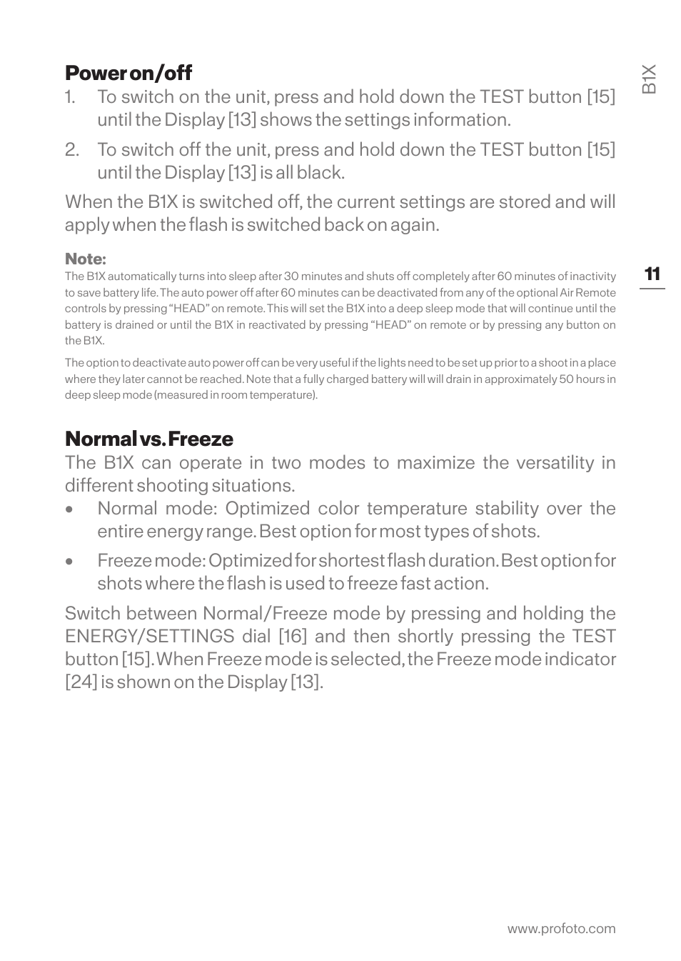 Power on/off, Normal vs. freeze | Profoto B1X 500 AirTTL 1-Light To-Go Kit User Manual | Page 11 / 28