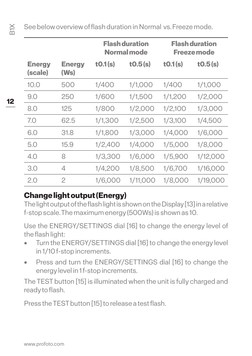 Set light output (energy), Change light output (energy) | Profoto B1X 500 AirTTL 1-Light To-Go Kit User Manual | Page 12 / 28