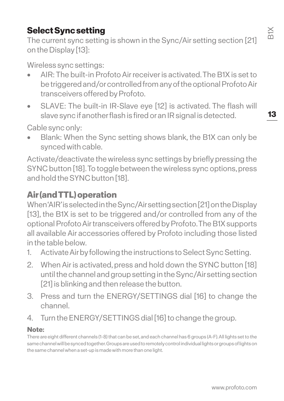 Select sync setting, Air (and ttl) operation | Profoto B1X 500 AirTTL 1-Light To-Go Kit User Manual | Page 13 / 28