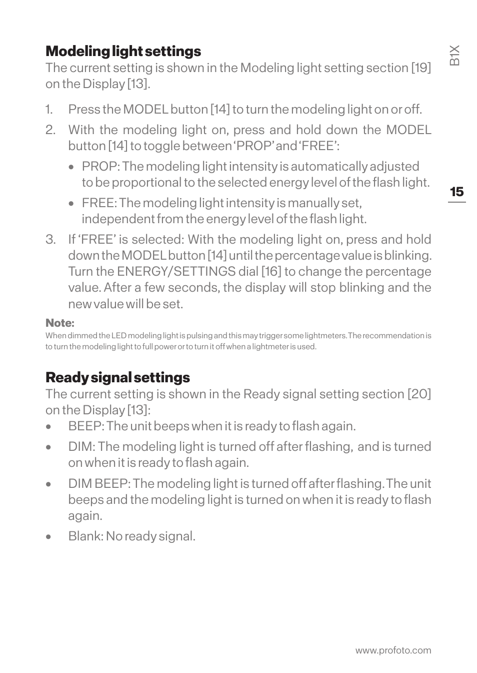 Modeling light settings, Ready signal settings, Modeling light settings ready signal settings | Profoto B1X 500 AirTTL 1-Light To-Go Kit User Manual | Page 15 / 28