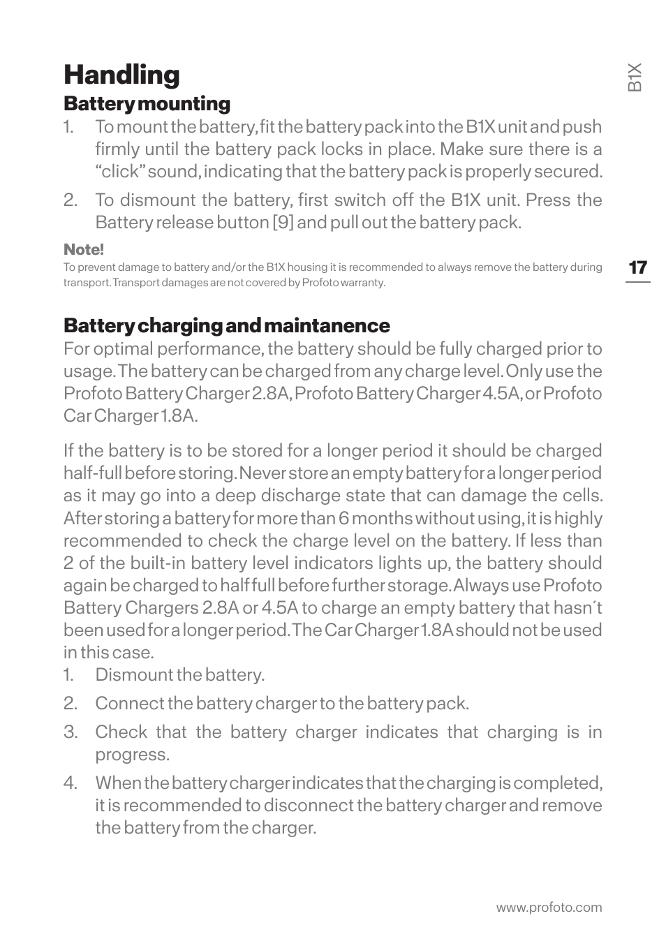 Handling, Battery mounting, Battery charging and maintanence | Battery mounting battery charging and maintanence | Profoto B1X 500 AirTTL 1-Light To-Go Kit User Manual | Page 17 / 28