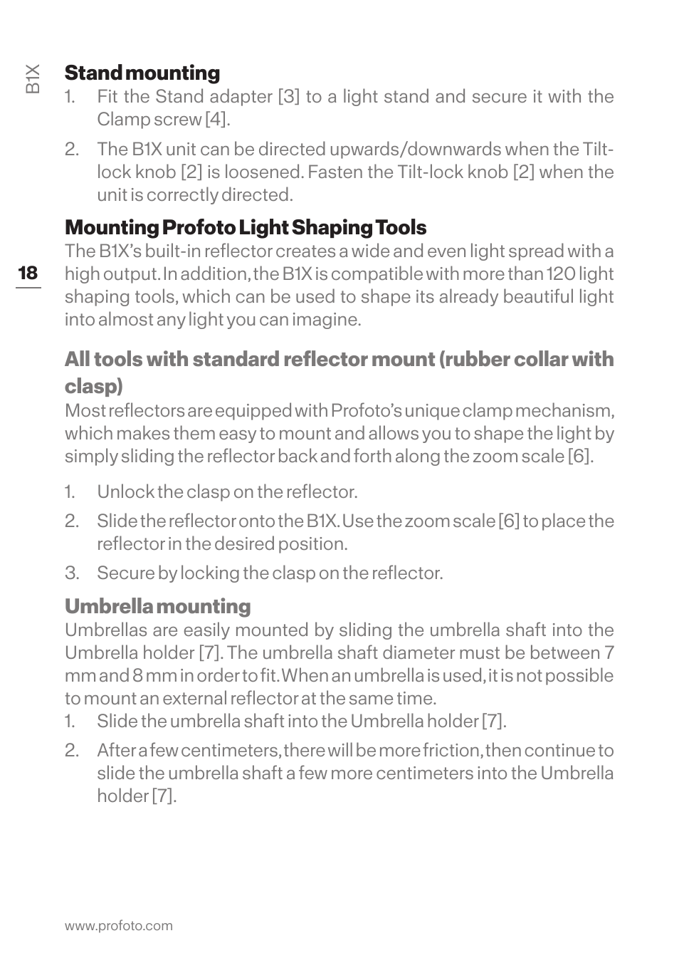 Stand mounting, Mounting profoto light shaping tools | Profoto B1X 500 AirTTL 1-Light To-Go Kit User Manual | Page 18 / 28