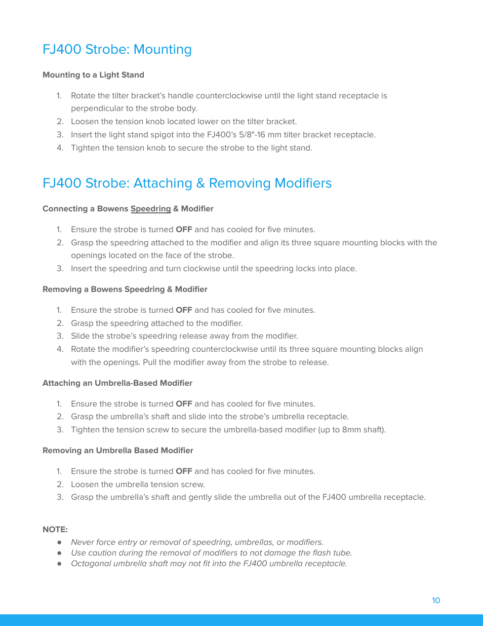 Fj400 strobe: mounting, Mounting to a light stand, Fj400 strobe: attaching & removing modiﬁers | Connecting a bowens speedring & modiﬁer, Removing a bowens speedring & modiﬁer, Attaching an umbrella-based modiﬁer, Removing an umbrella based modiﬁer | Westcott FJ400 Strobe 2-Light Location Kit with FJ-X3m Universal Wireless Trigger User Manual | Page 11 / 22