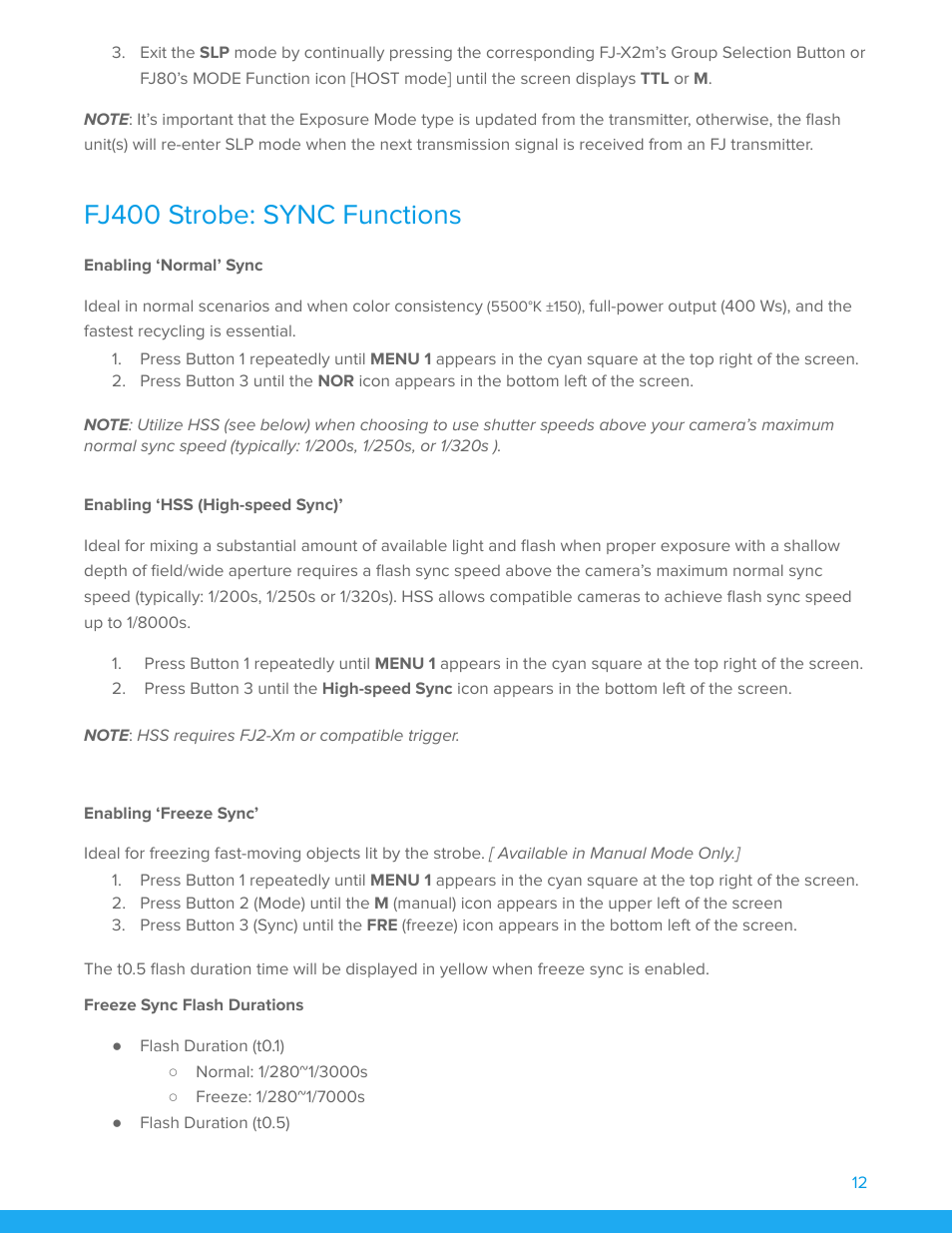 Fj400 strobe: sync functions, Enabling ‘normal’ sync, Enabling ‘hss (high-speed sync) | Enabling ‘freeze sync, Freeze sync flash durations | Westcott FJ400 Strobe 2-Light Location Kit with FJ-X3m Universal Wireless Trigger User Manual | Page 13 / 22