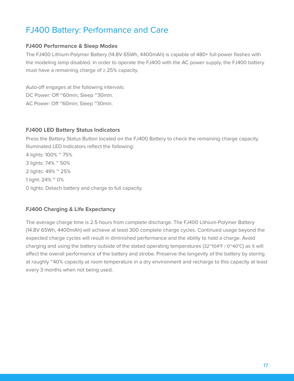 Fj400 battery: performance and care, Fj400 performance & sleep modes, Fj400 led battery status indicators | Fj400 charging & life expectancy | Westcott FJ400 Strobe 2-Light Location Kit with FJ-X3m Universal Wireless Trigger User Manual | Page 18 / 22