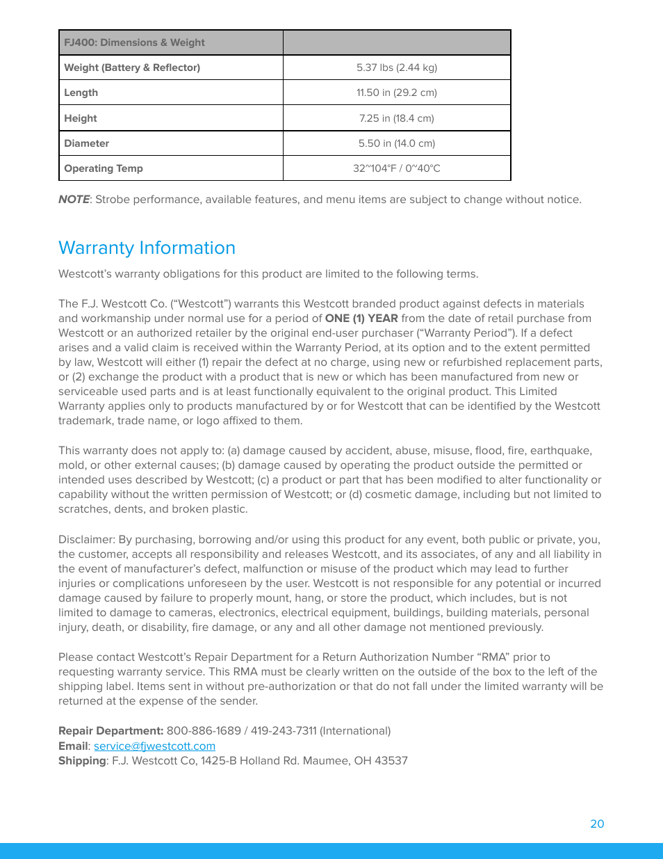 Warranty information | Westcott FJ400 Strobe 2-Light Location Kit with FJ-X3m Universal Wireless Trigger User Manual | Page 21 / 22