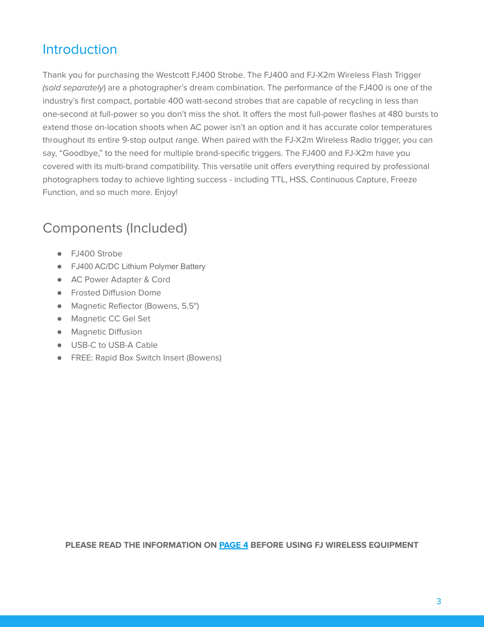 Introduction, Components (included) | Westcott FJ400 Strobe 2-Light Location Kit with FJ-X3m Universal Wireless Trigger User Manual | Page 4 / 22