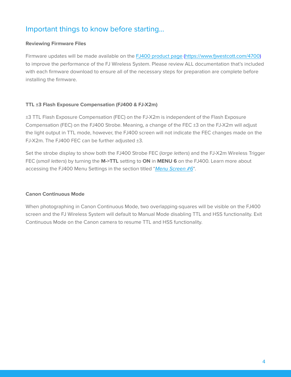 Important things to know before starting, Reviewing firmware files, Canon continuous mode | Westcott FJ400 Strobe 2-Light Location Kit with FJ-X3m Universal Wireless Trigger User Manual | Page 5 / 22