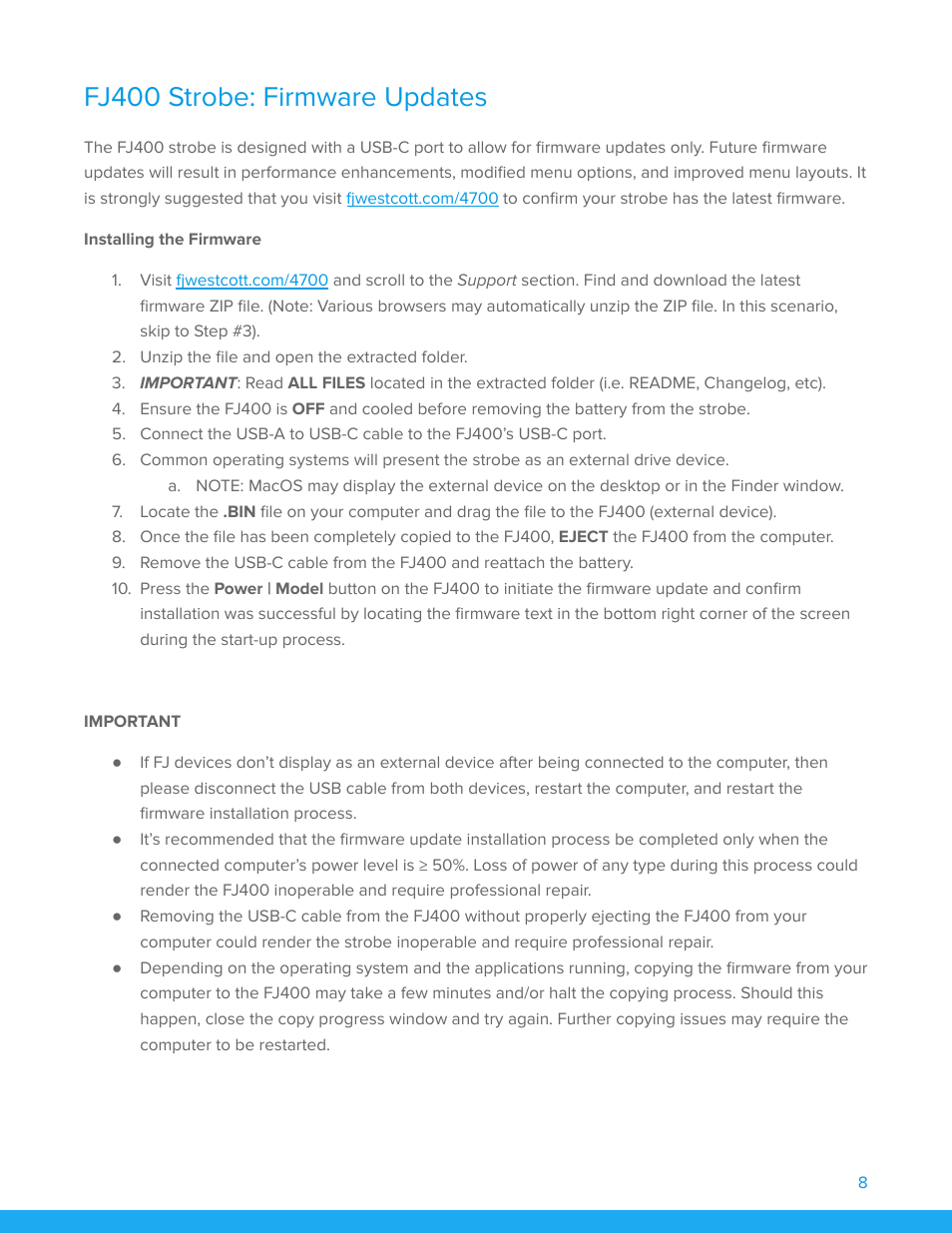 Fj400 strobe: firmware updates, Installing the firmware | Westcott FJ400 Strobe 2-Light Location Kit with FJ-X3m Universal Wireless Trigger User Manual | Page 9 / 22