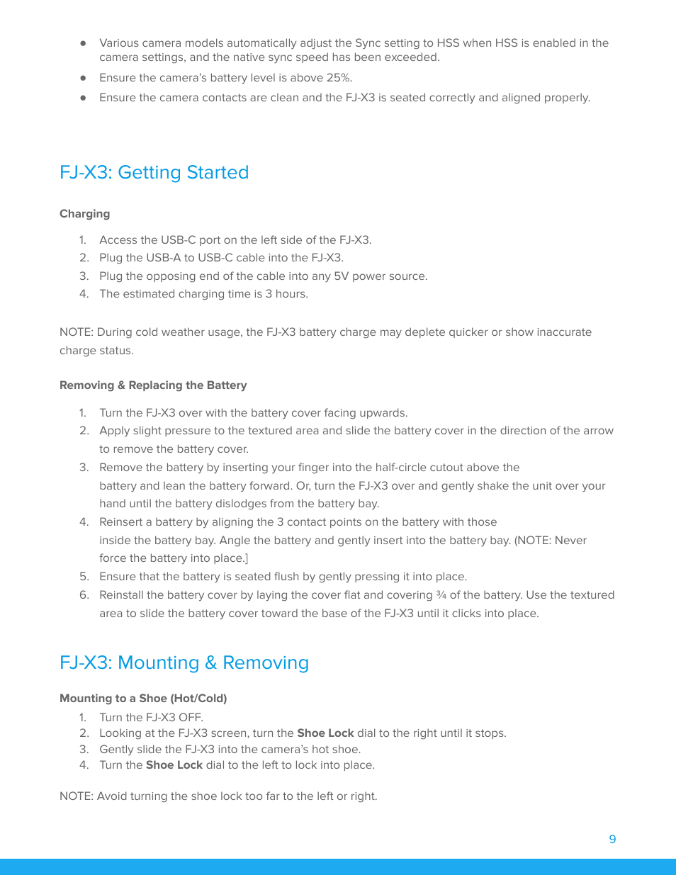 Fj-x3: getting started, Charging, Removing & replacing the battery | Fj-x3: mounting & removing, Mounting to a shoe (hot/cold) | Westcott FJ200 Strobe 3-Light Backpack Kit with FJ-X3m Universal Wireless Trigger User Manual | Page 10 / 19