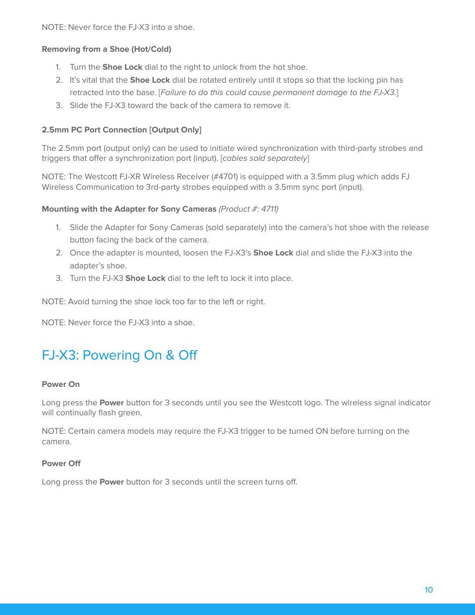 Removing from a shoe (hot/cold), 5mm pc port connection [output only, Fj-x3: powering on & oﬀ | Power on, Power oﬀ | Westcott FJ200 Strobe 3-Light Backpack Kit with FJ-X3m Universal Wireless Trigger User Manual | Page 11 / 19