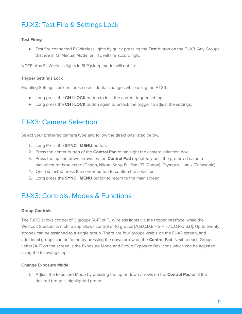 Fj-x3: test fire & settings lock, Test firing, Fj-x3: camera selection | Fj-x3: controls, modes & functions, Group controls, Change exposure mode | Westcott FJ200 Strobe 3-Light Backpack Kit with FJ-X3m Universal Wireless Trigger User Manual | Page 12 / 19