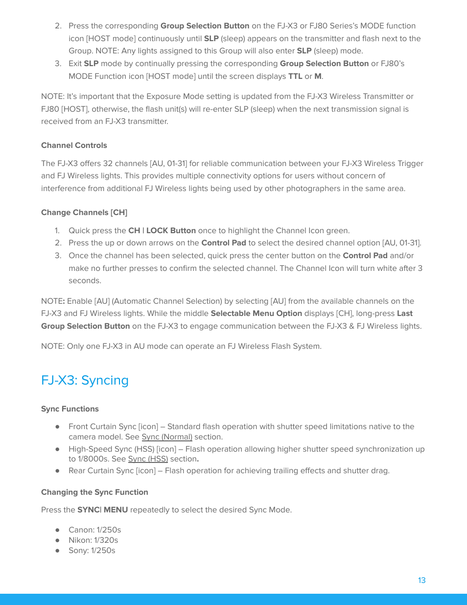 Channel controls, Change channels [ch, Fj-x3: syncing | Sync functions, Changing the sync function | Westcott FJ200 Strobe 3-Light Backpack Kit with FJ-X3m Universal Wireless Trigger User Manual | Page 14 / 19