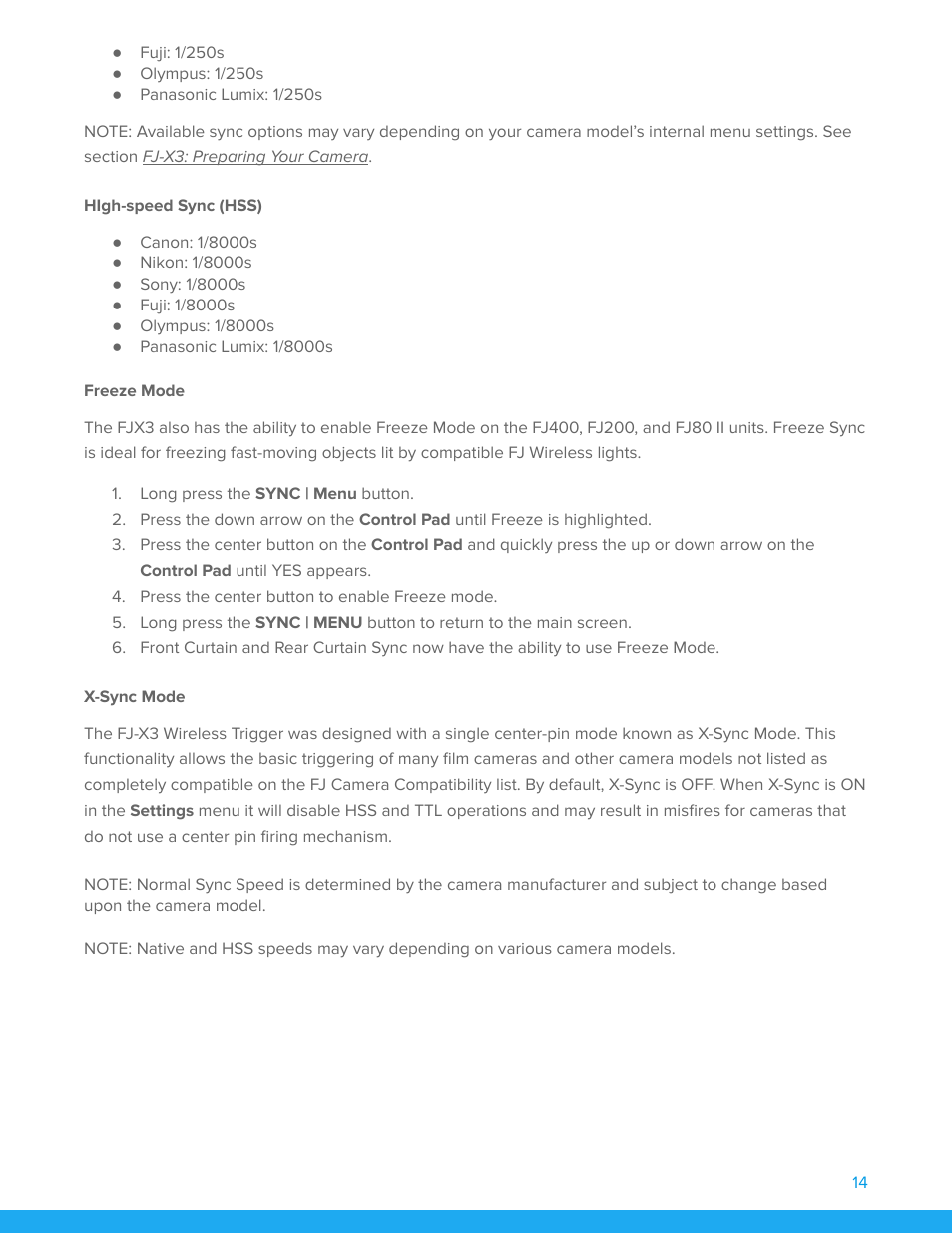 High-speed sync (hss), Freeze mode, X-sync mode | Westcott FJ200 Strobe 3-Light Backpack Kit with FJ-X3m Universal Wireless Trigger User Manual | Page 15 / 19