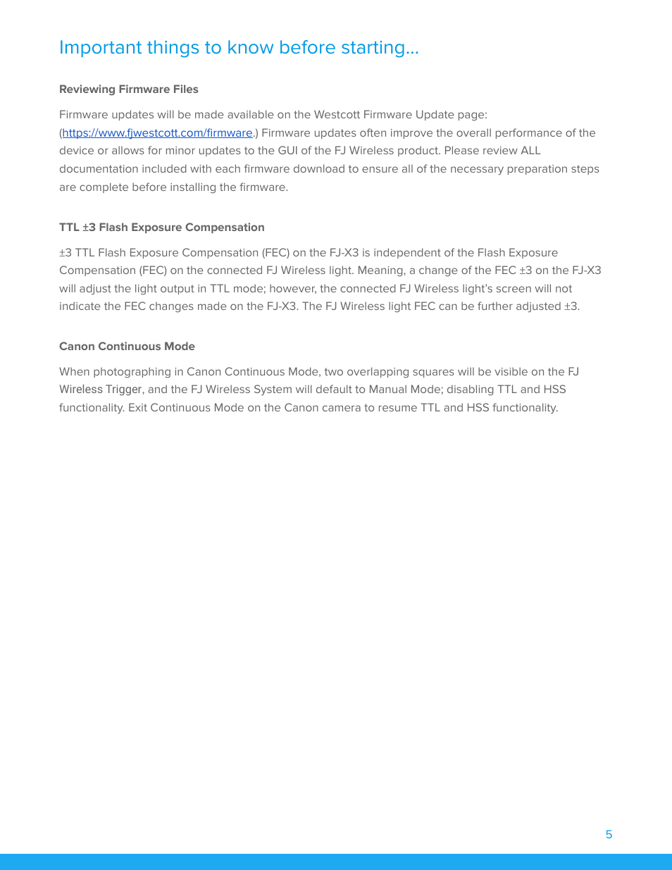 Important things to know before starting, Reviewing firmware files, Ttl ±3 flash exposure compensation | Canon continuous mode | Westcott FJ200 Strobe 3-Light Backpack Kit with FJ-X3m Universal Wireless Trigger User Manual | Page 6 / 19