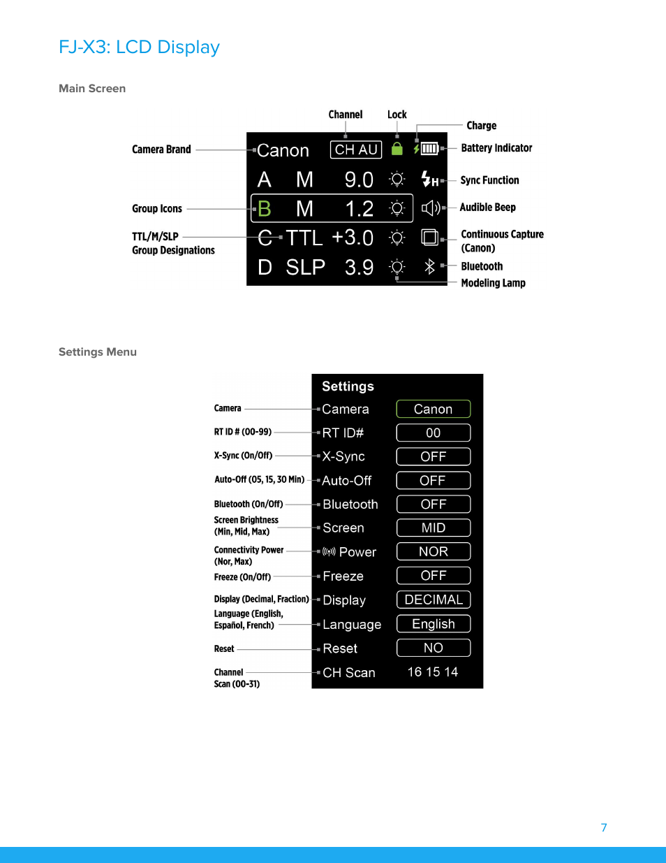Main screen, Settings menu, Fj-x3: lcd display | Westcott FJ200 Strobe 3-Light Backpack Kit with FJ-X3m Universal Wireless Trigger User Manual | Page 8 / 19