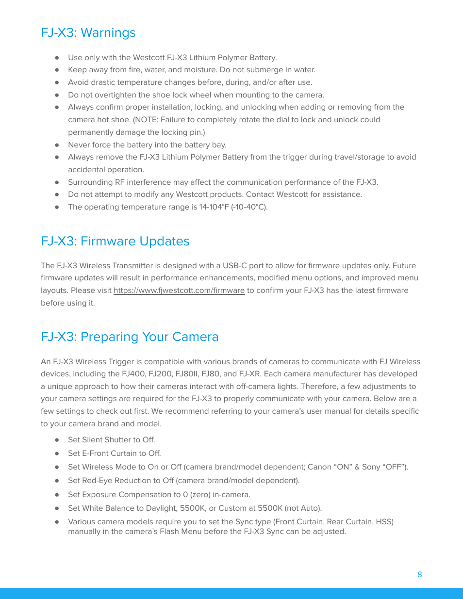 Fj-x3: warnings, Fj-x3: firmware updates, Fj-x3: preparing your camera | Westcott FJ200 Strobe 3-Light Backpack Kit with FJ-X3m Universal Wireless Trigger User Manual | Page 9 / 19