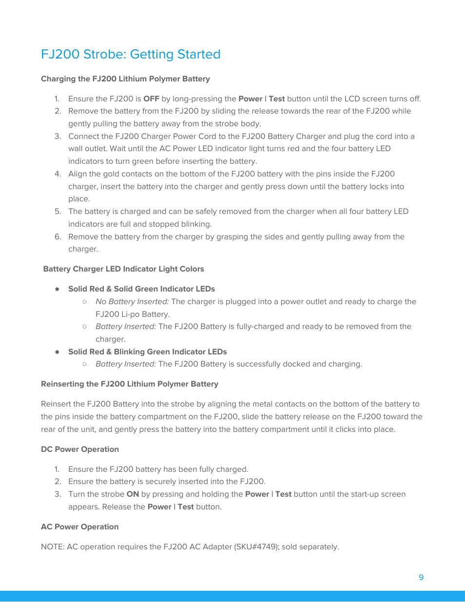 Fj200 strobe: getting started, Charging the fj200 lithium polymer battery, Reinserting the fj200 lithium polymer battery | Dc power operation, Ac power operation | Westcott FJ200 Strobe User Manual | Page 10 / 20