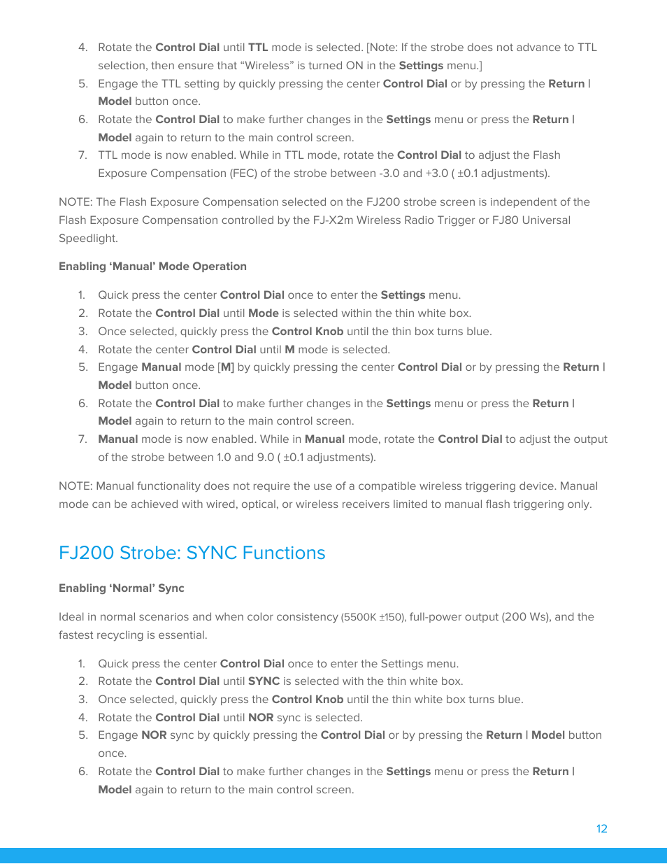 Enabling ‘manual’ mode operation, Fj200 strobe: sync functions, Enabling ‘normal’ sync | Westcott FJ200 Strobe User Manual | Page 13 / 20