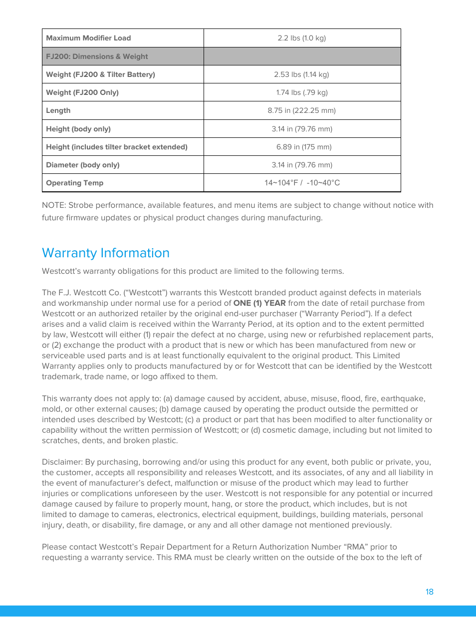 Warranty information | Westcott FJ200 Strobe User Manual | Page 19 / 20