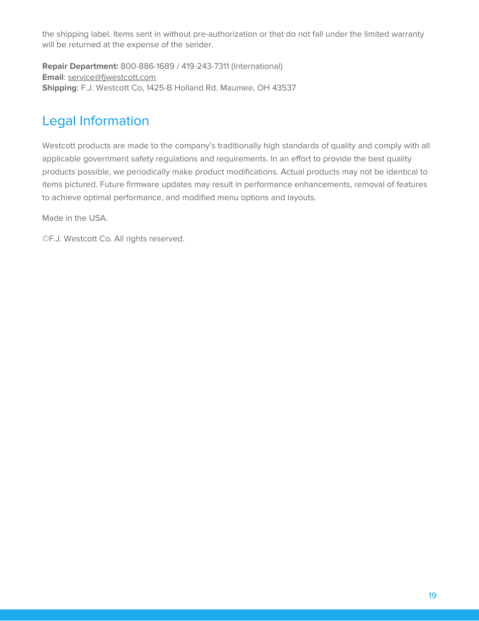 Legal information | Westcott FJ200 Strobe User Manual | Page 20 / 20