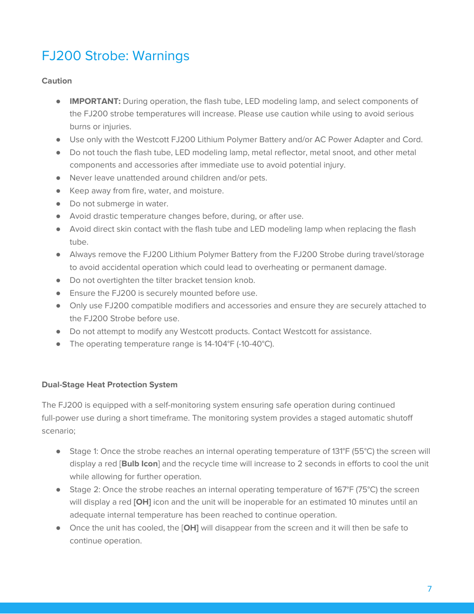 Fj200 strobe: warnings | Westcott FJ200 Strobe User Manual | Page 8 / 20