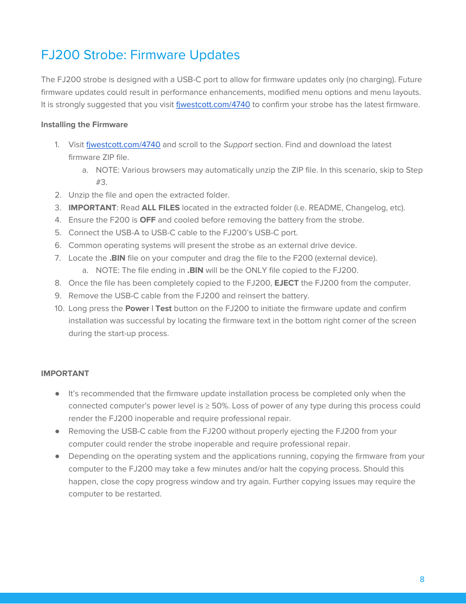 Fj200 strobe: firmware updates, Installing the firmware | Westcott FJ200 Strobe User Manual | Page 9 / 20