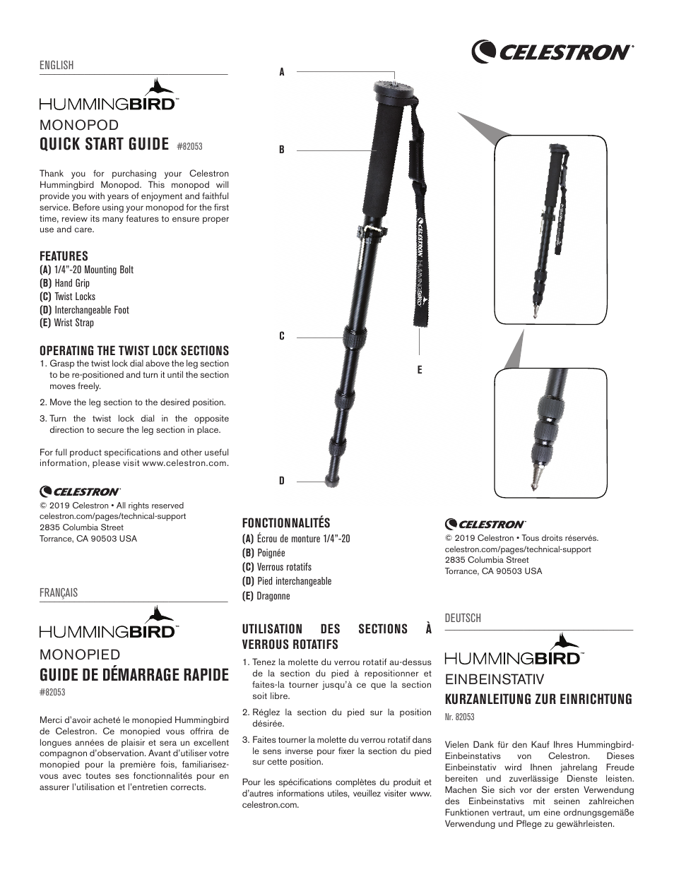 Celestron Hummingbird Monopod User Manual | 2 pages