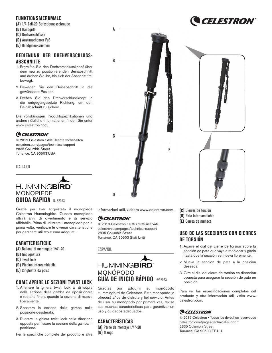 Guida rapida, Guía de inicio rápido, Monopiede | Monópodo | Celestron Hummingbird Monopod User Manual | Page 2 / 2