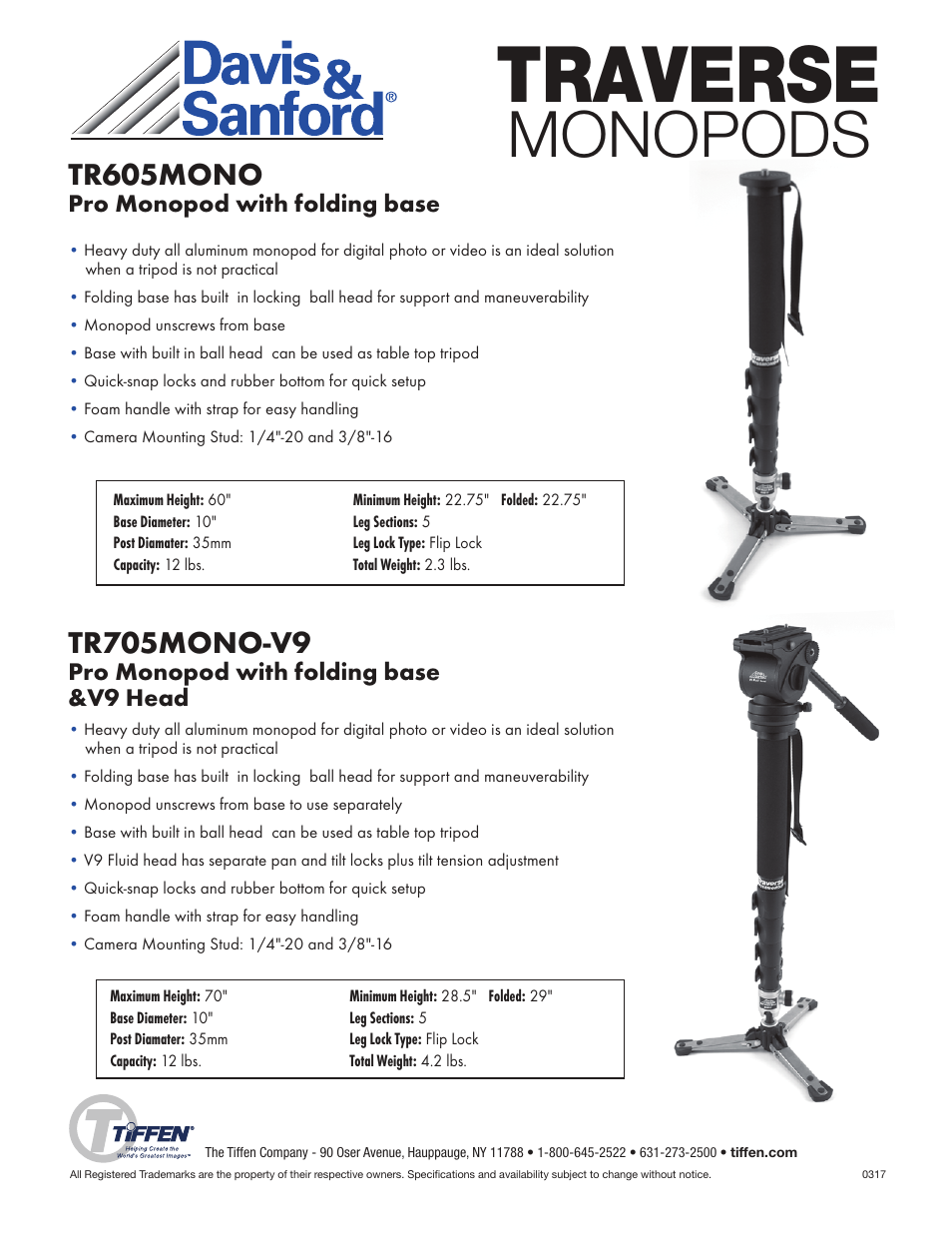 Davis & Sanford TR605MONO Traverse Pro Monopod with Folding Base (60") User Manual | 1 page