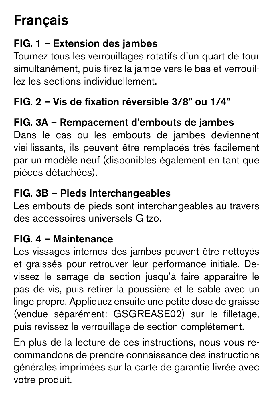 Français | Gitzo GM2542 Series 2 Carbon Fiber Monopod User Manual | Page 9 / 16