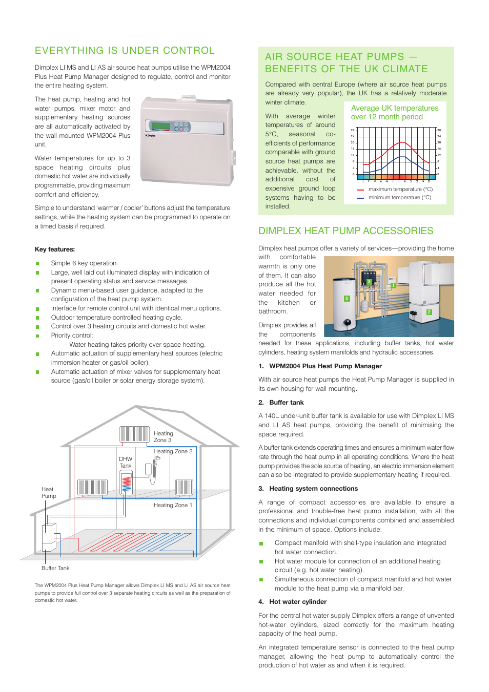 Everything is under control, Air source heat pumps — benefits of the uk climate, Dimplex heat pump accessories | Average uk temperatures over 12 month period | Dimplex LI AS User Manual | Page 2 / 4