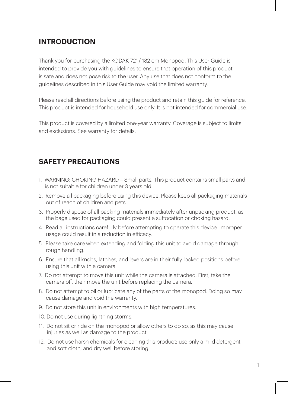 Introduction, Safety precautions | Kodak 72" Monopod User Manual | Page 3 / 11