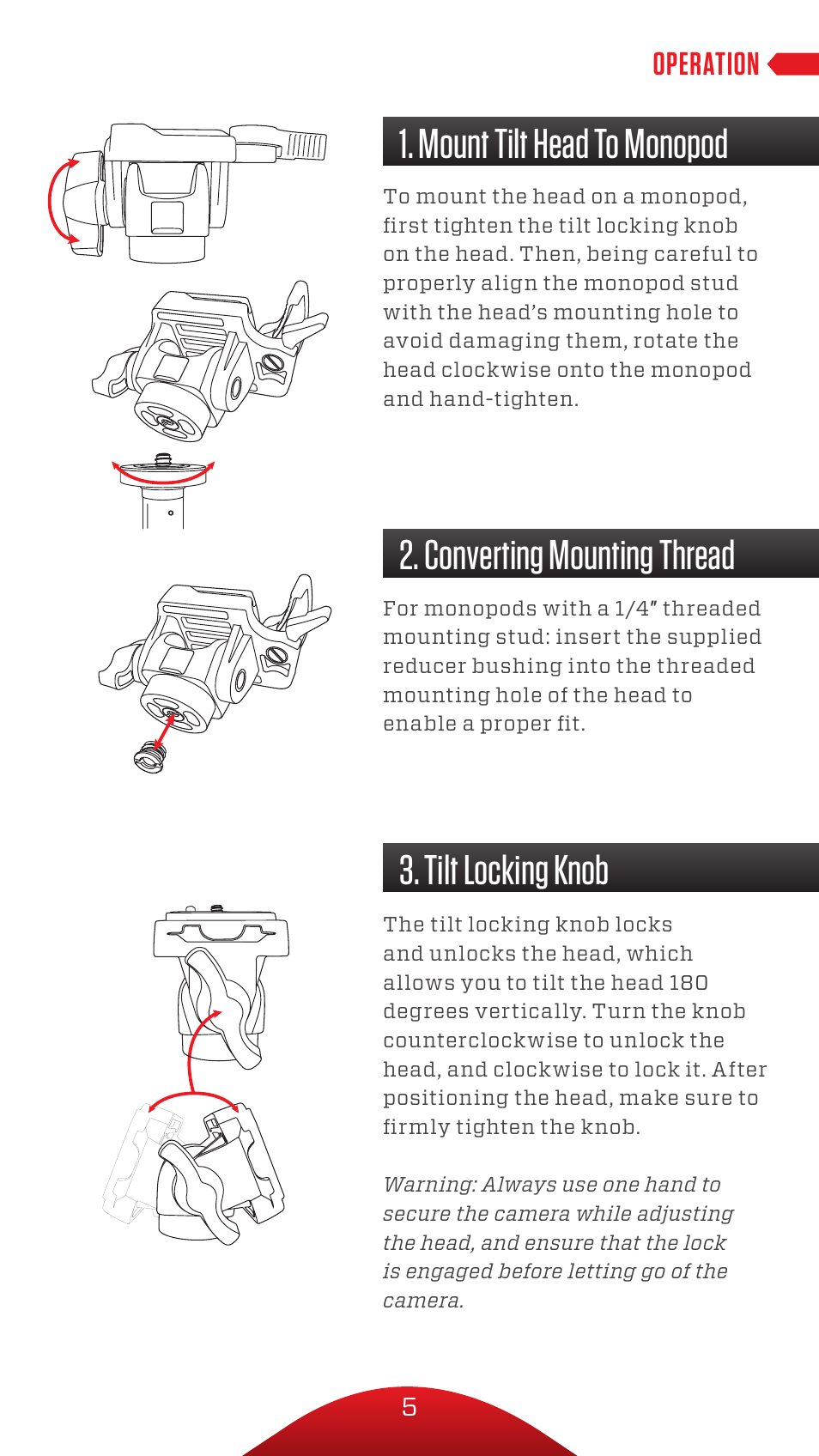 Operation | Oben VH-R2 Tilt Head for Monopods User Manual | Page 5 / 8