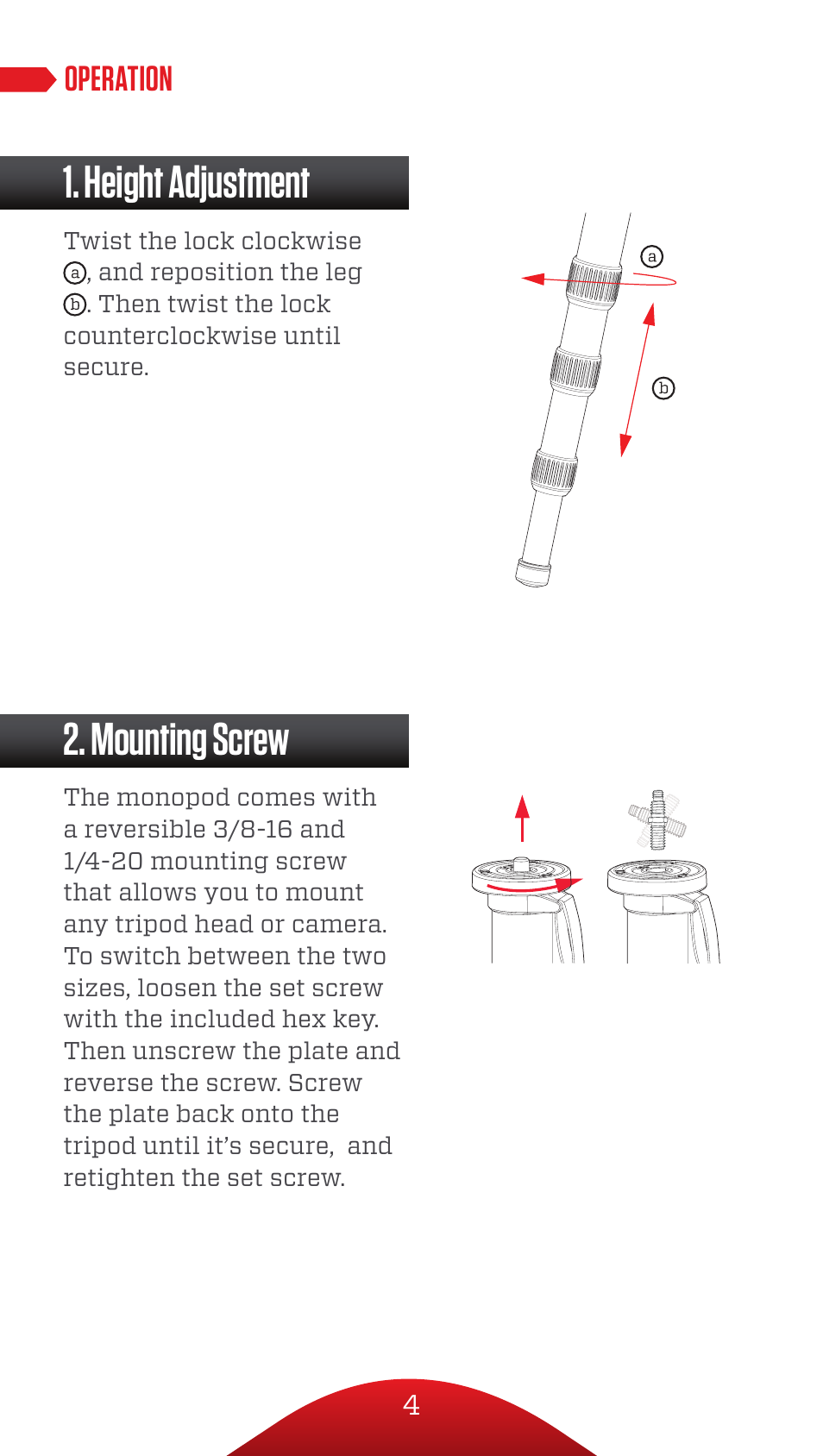 Height adjustment, Mounting screw, Operation | Oben CTM-2500 5-Section Carbon Fiber Monopod with VH-A30 Tilt Monopod Head Kit User Manual | Page 4 / 8