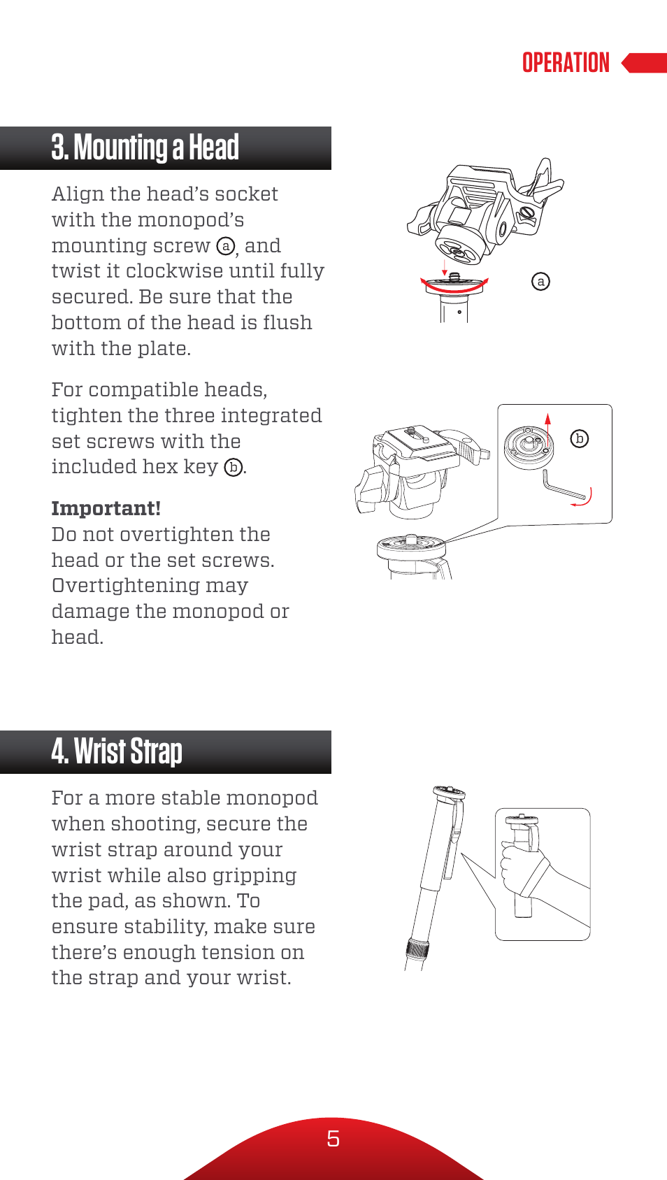 Mounting a head, Wrist strap, Operation | Oben CTM-2500 5-Section Carbon Fiber Monopod with VH-A30 Tilt Monopod Head Kit User Manual | Page 5 / 8