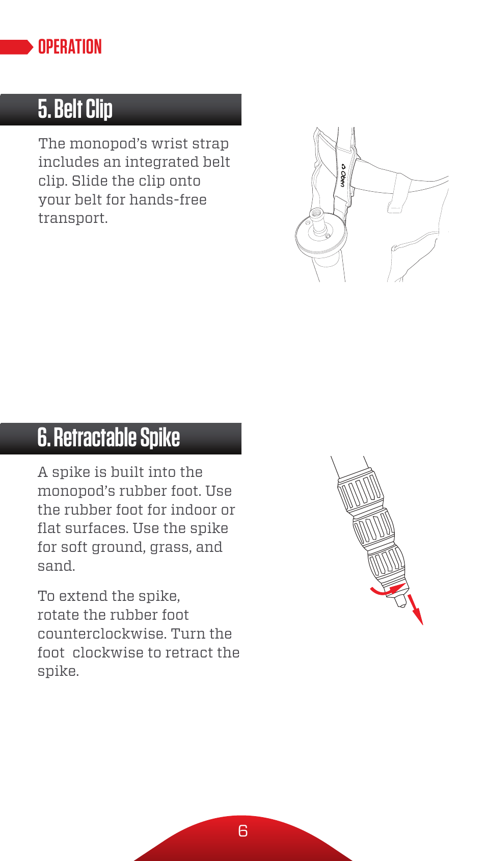 Belt clip, Retractable spike, Operation | Oben CTM-2500 5-Section Carbon Fiber Monopod with VH-A30 Tilt Monopod Head Kit User Manual | Page 6 / 8