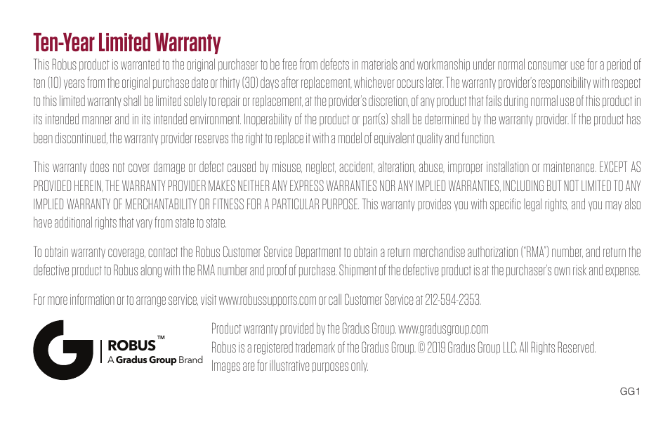 Ten-year limited warranty | Robus RCM-633 6-Section Carbon Fiber Monopod, 65 User Manual | Page 8 / 8