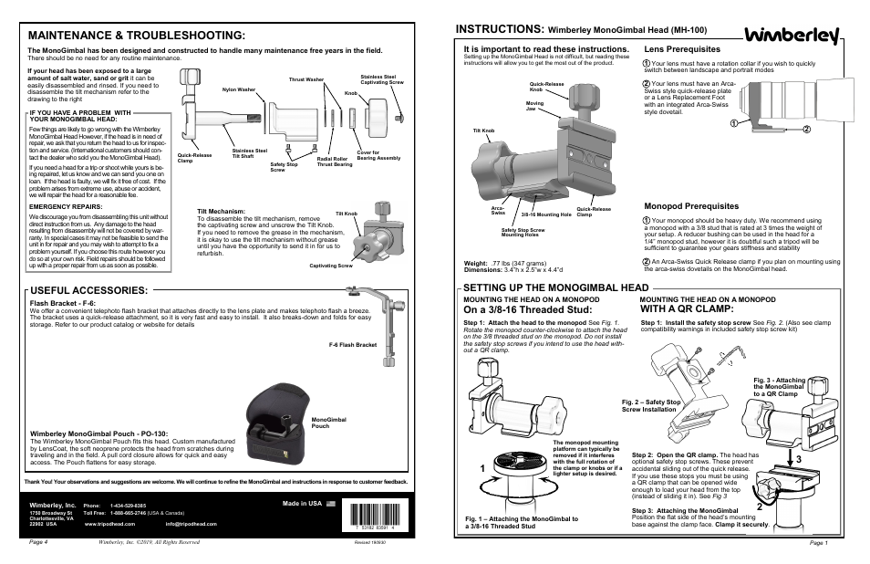 Wimberley MH-100 MonoGimbal Head for Monopods User Manual | 2 pages